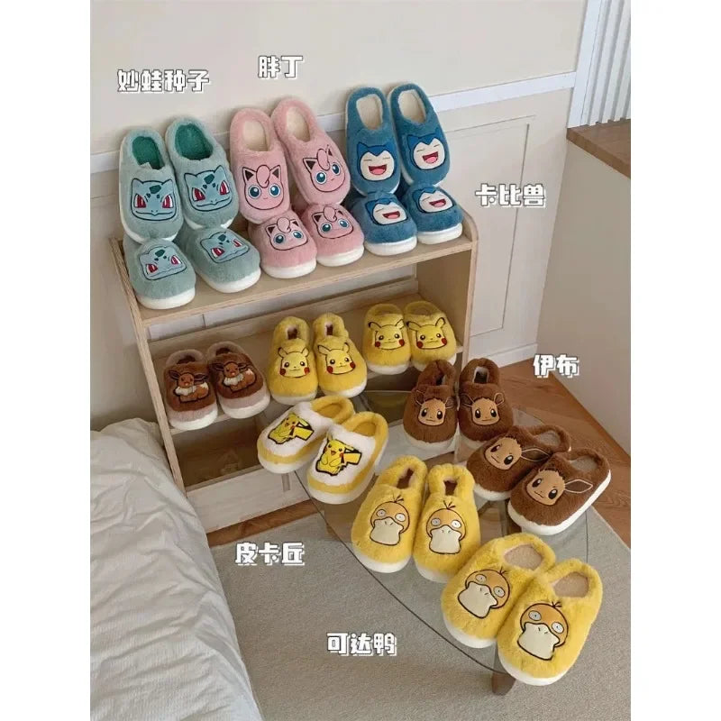 Popular anime Pokemon Pikachu Eevee Couple Cotton Slippers Winter Cute Cartoon Men Women Shoes with Velvet Insulation Anti slip