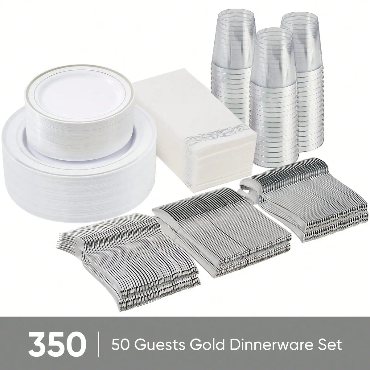 Disposable Dinnerware Set Elegant Luxury White Gold Rim Plastic Plates Gold Cutlery Cups Napkins 350 Pcs Serves 50 Guests Heavy Duty Party Tableware Set For Wedding Birthday Party Catering Showe