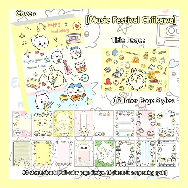 Chiikawa Cute Notebook 80 Sheets, Full Color Kawaii Journal Notepad for Note Taking School Office, Great Gift for Chiikawa Fans