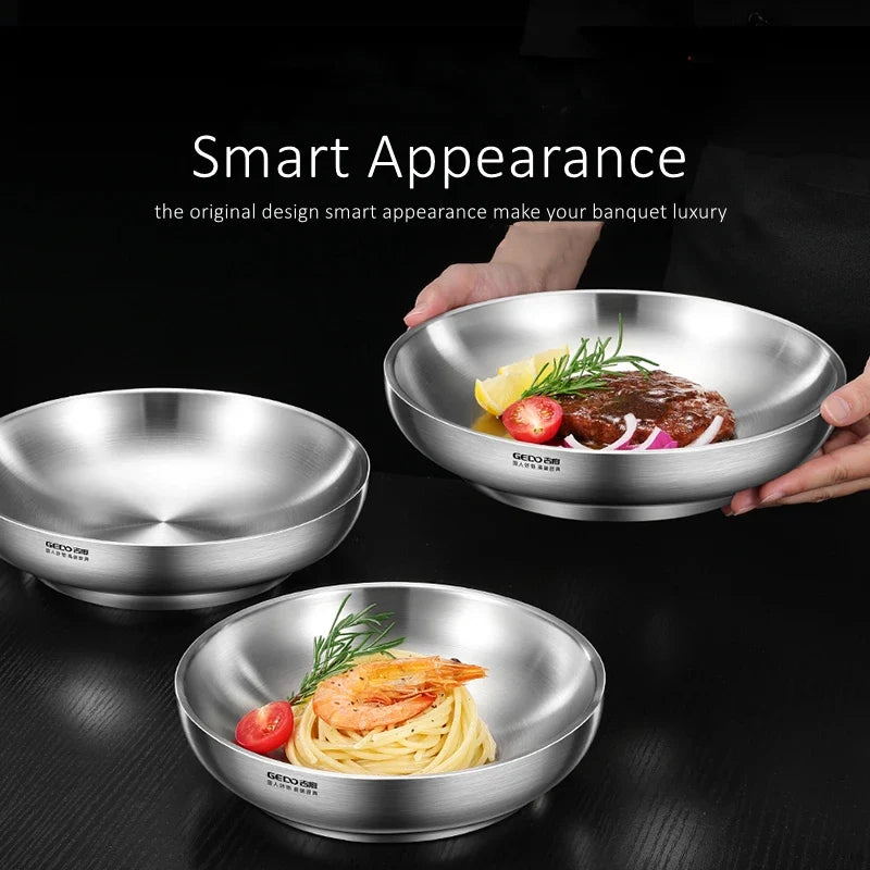 Ultra Thick 304 Stainless Steel Banquet Plate LFGB Certification Heat Insulation Dinner Dish Fall Resistant Baby Tableware