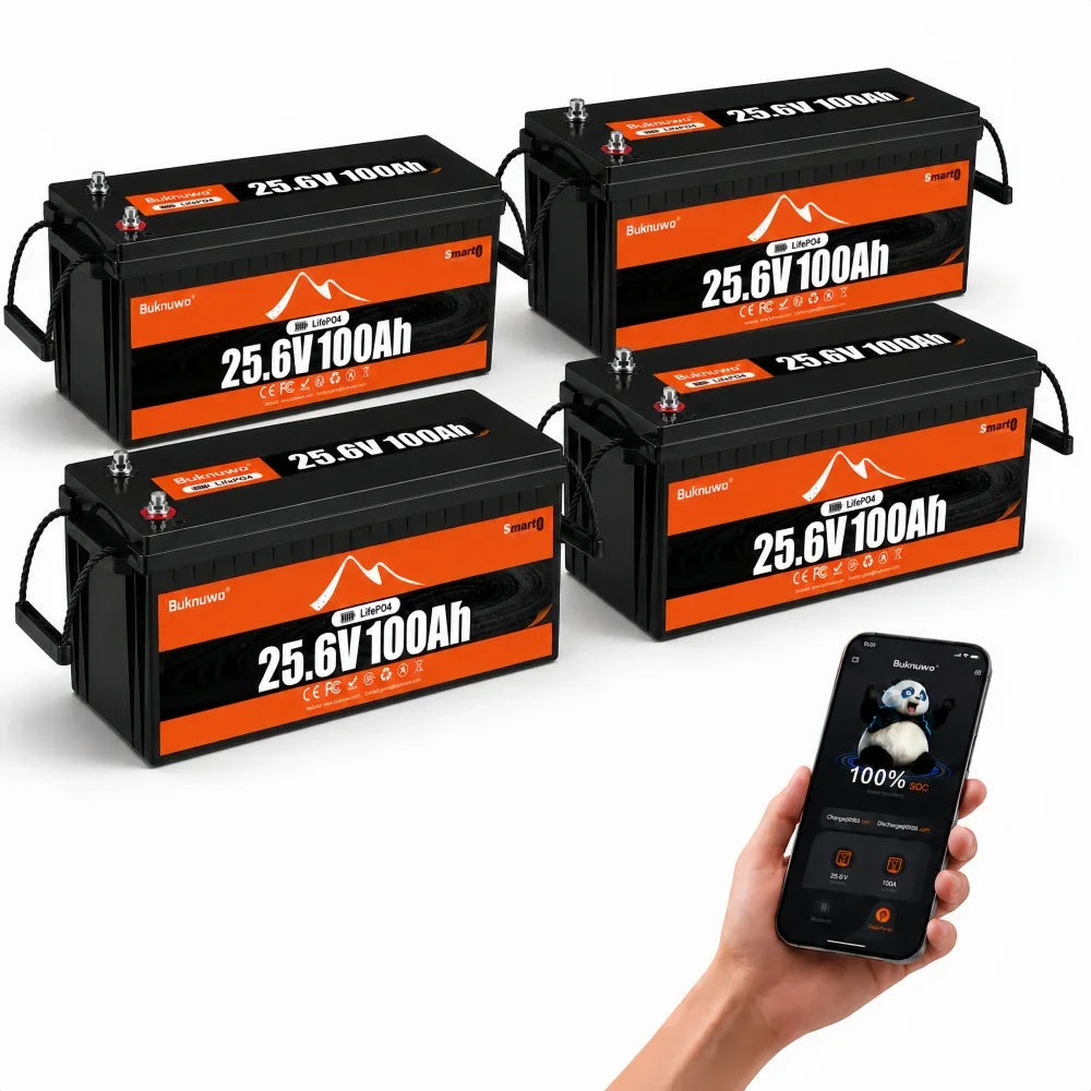 Buknuwo M8 24V 100Ah LiFePO4 Battery With Bluetooth Built-in 100A BMS Support Low Temp Protection And 15000+ Deep Cycles IP65 Waterproof 25.6V 2560Wh Lithium Battery Pack for RV/ Marine/ Camper Van/ Home Backup/ Off-Grid Sola