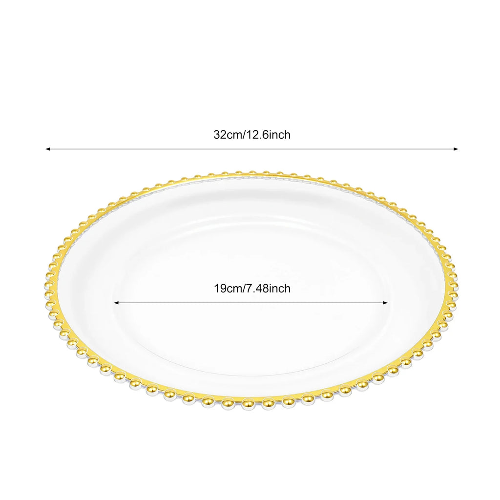 Round Clear Gold Beaded Charger Plates 25 Pack PS Plastic Dinner Under Plates 32cm Decorative Serving Plates for Wedding Banquet Party Table Decor
