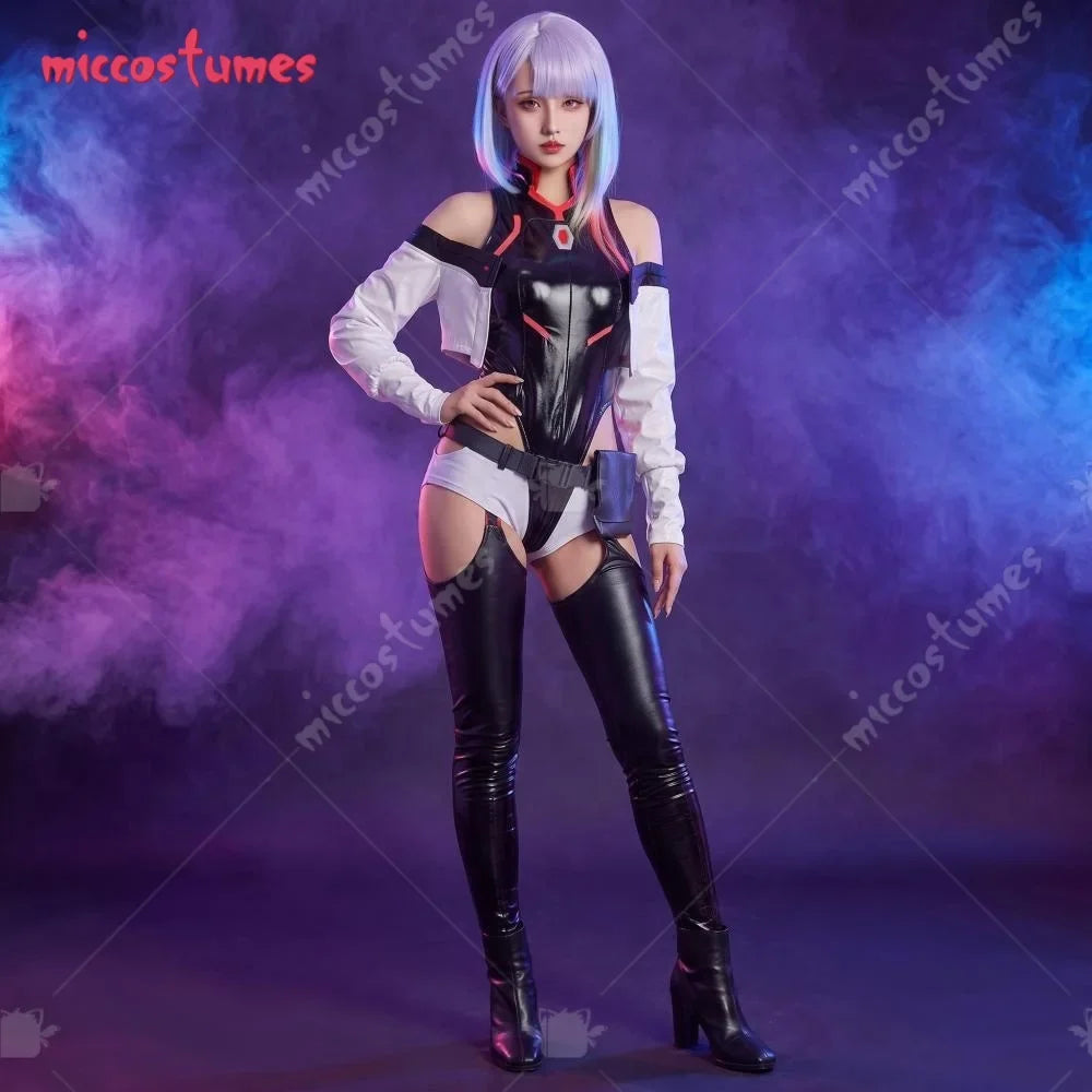 【Ready for Ship】Cosplay.fm Women’s Cyberpunk Cosplay Costume PU Leather Bodysuit Set for Halloween