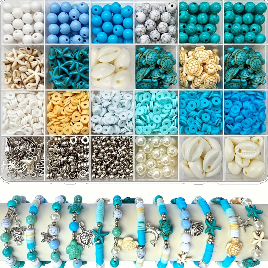 1860pcs Sea Blue and White Beads Paired with Sea Turtle and Starfish Shaped 8mm Round Beads, Suitable for Bracelets, Jewelry, Ke