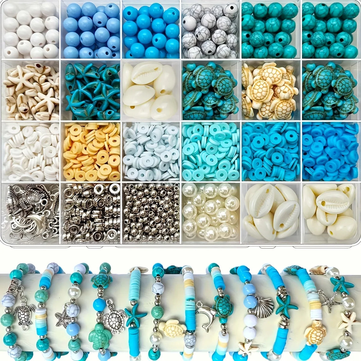 1860pcs Sea Blue and White Beads Paired with Sea Turtle and Starfish Shaped 8mm Round Beads, Suitable for Bracelets, Jewelry, Ke
