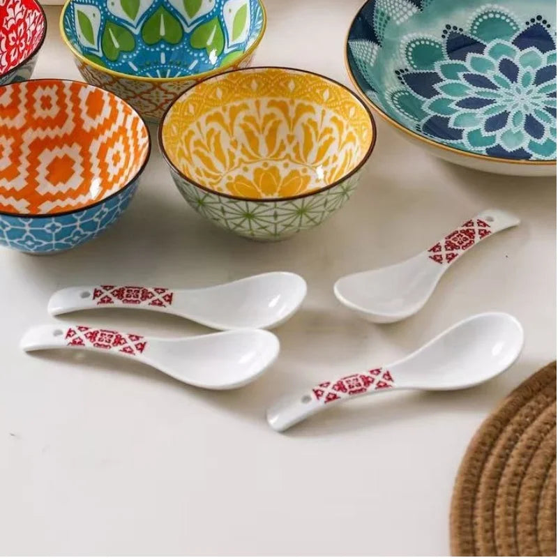 12-Piece Bohemian Dinnerware Set for 4 People, Household Plates Bowls Spoons, Oven/Microwave/Dishwasher Safe