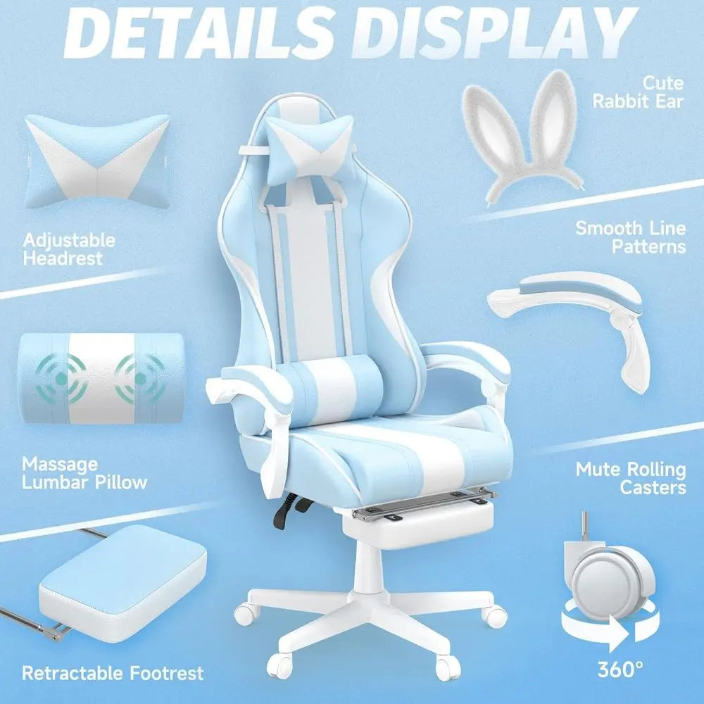 Light Blue Ergonomic Gaming Chair with Bunny Ears, Reclining Massage Chair for Teens and Adults