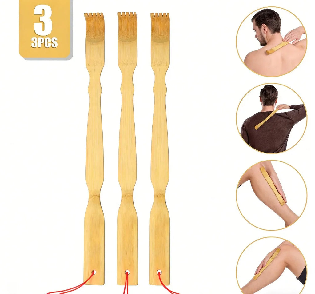 3‑Pack Bamboo Back Scratcher Set, 18.3 Inch Long Handle Natural Back Itch Reliever Relax Massage Tool Unique Gift for Men Women