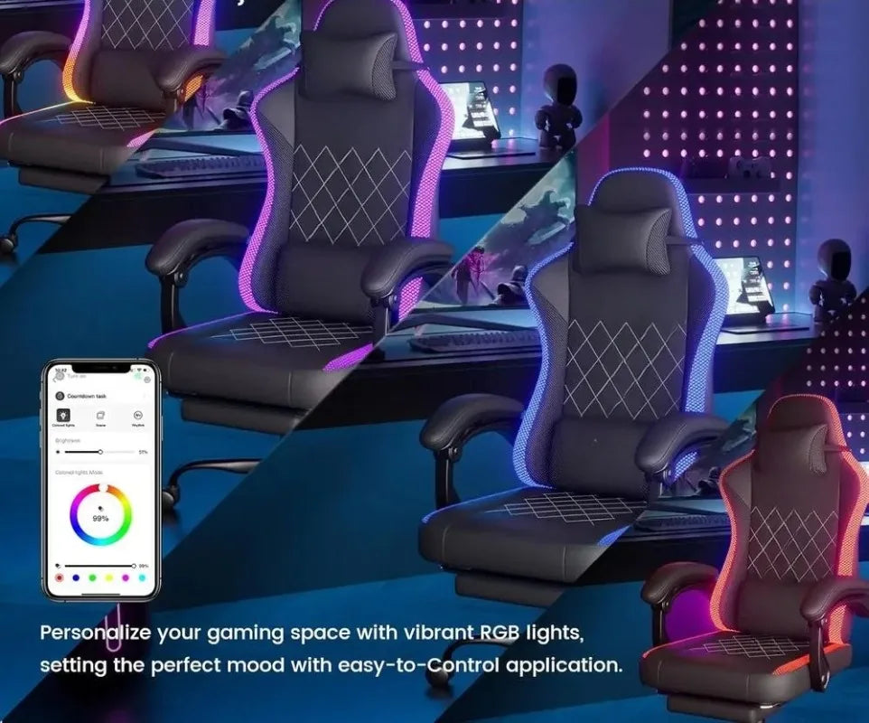 Ergonomic Gaming Chair with Padded Armrests, Lumbar Support, LED Lights - Comfortable PC Gaming Seat for Adults