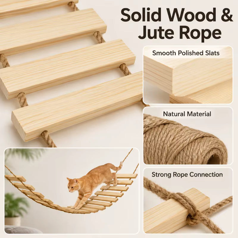 Natural Wood Cat Climbing Ladder Bridge, Flexible Hanging Cat Toy for Wall Path, Shelves, Cat Tree and Condo