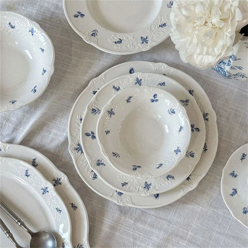 Simple Blue Printing Tableware Kitchen Supplies White Relief Tableware Western Dessert Steak Cake Dim Sum Fruit Dish Set