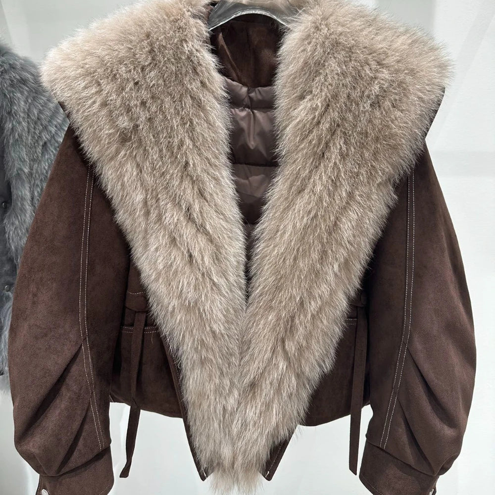 OFTBUY Real Fox Fur Collar Goose Down Jacket Winter Windproof Heavy Padded Coat Women Cropped Puffer Jacket Casual Outerwear