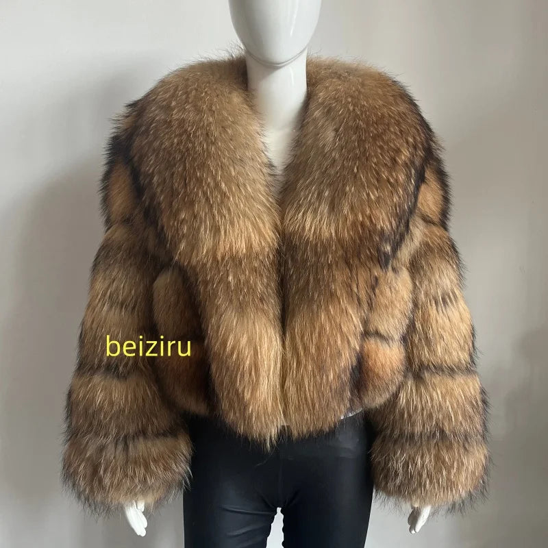 BEIZIRU Women's Real Raccoon Fur Coat Winter Long Sleeve Hooded Jacket with Turndown Collar Natural Luxury Thick Top