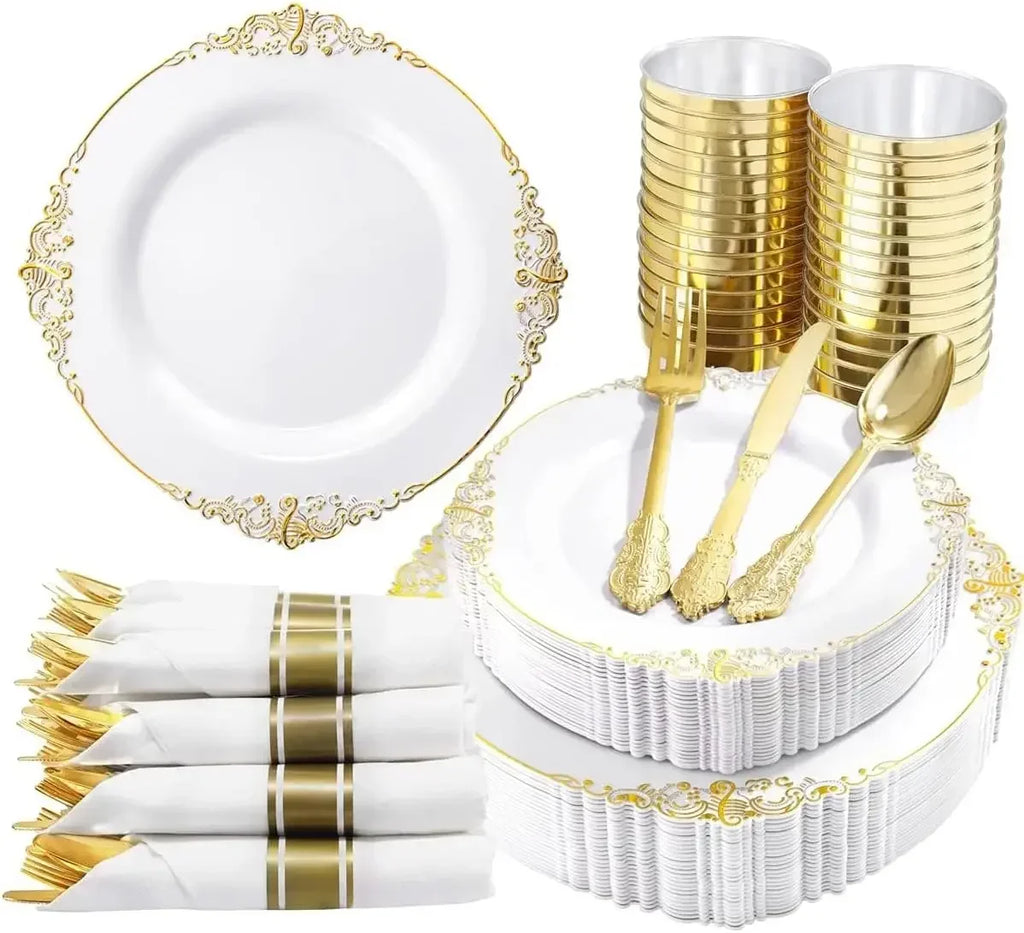 350PCS Gold Plastic Plates - Gold Plastic Dinnerware Sets for 50 Guests - 100 Disposable Plates, 150 Silverware, 50 Cups, 50 Nap