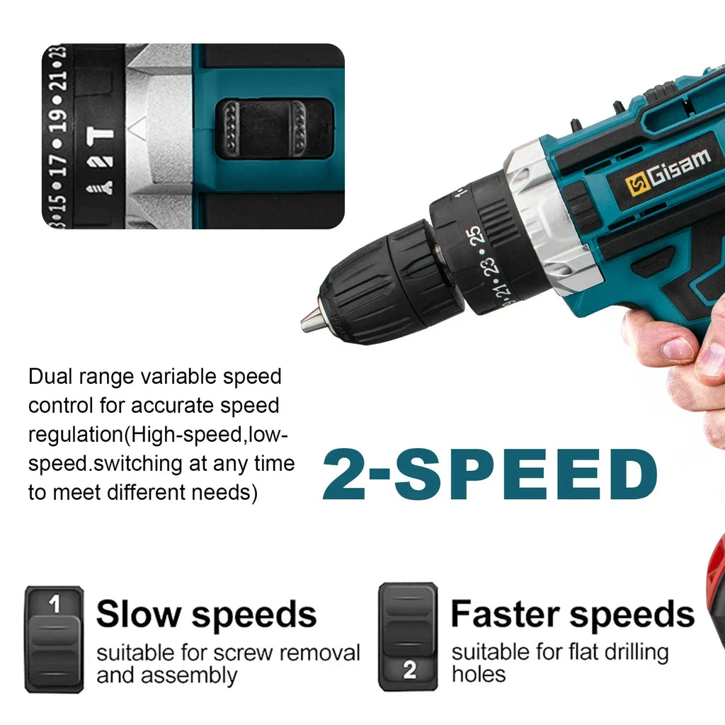 Gisam 21V Cordless Drill and Screwdriver, 28 N·m Torque