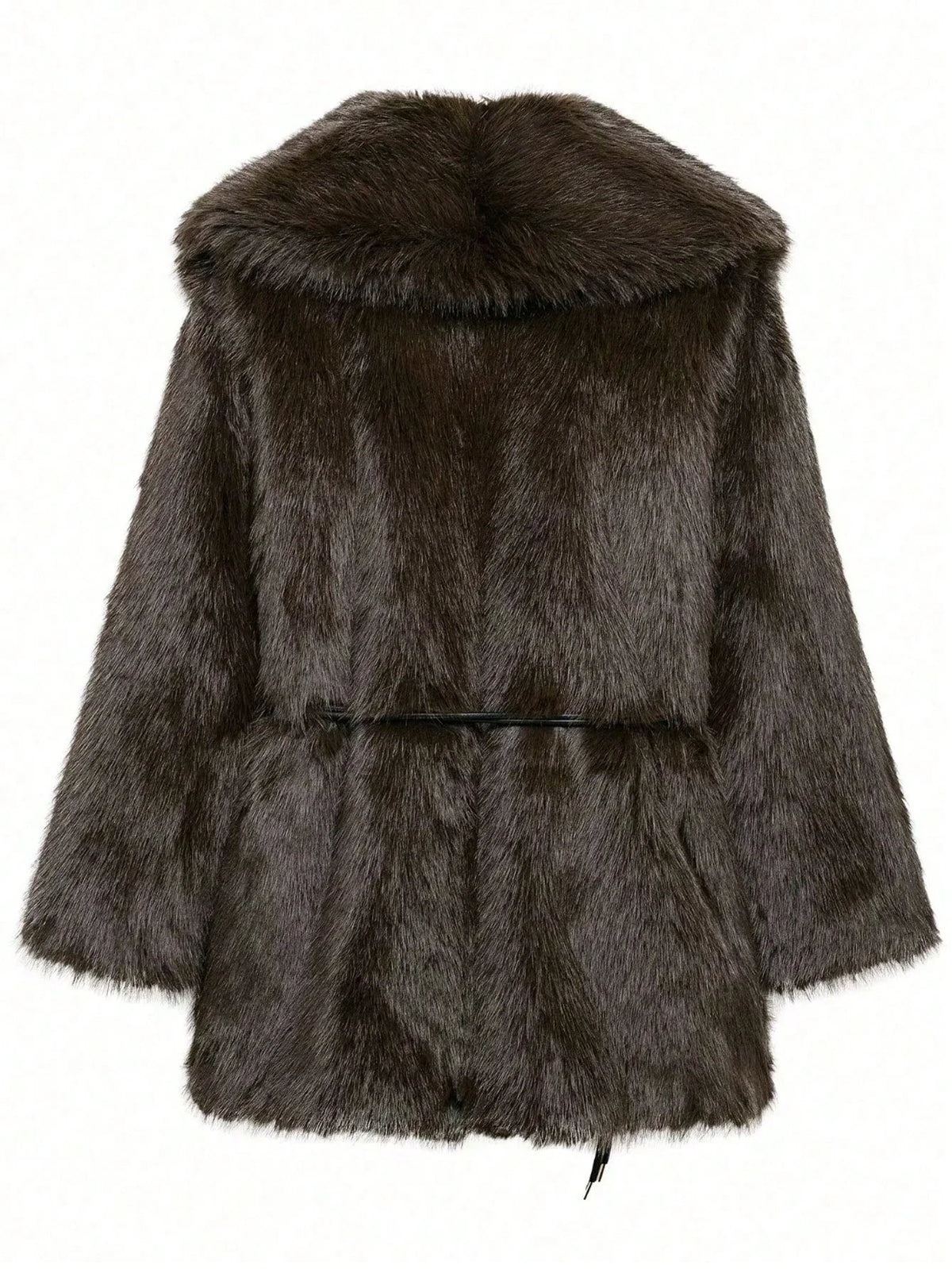 IG Women Large Lapel Belted Waist Faux Fur Mid-Length Coat, Long Sleeve Winter Warm Elegant Fluffy Outerwear