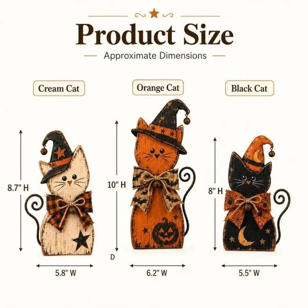 Halloween Wooden Cat Ornament Set, White, Orange and Black