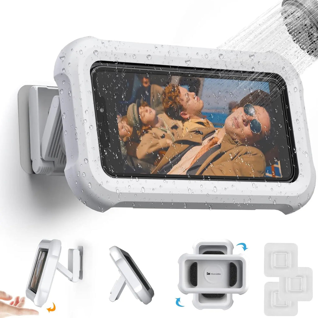 Upgraded 360° Rotating Bathroom Waterproof Phone Case Holder Waterproof Case with Touch Screen Wall Mount Shelf in Bathroom