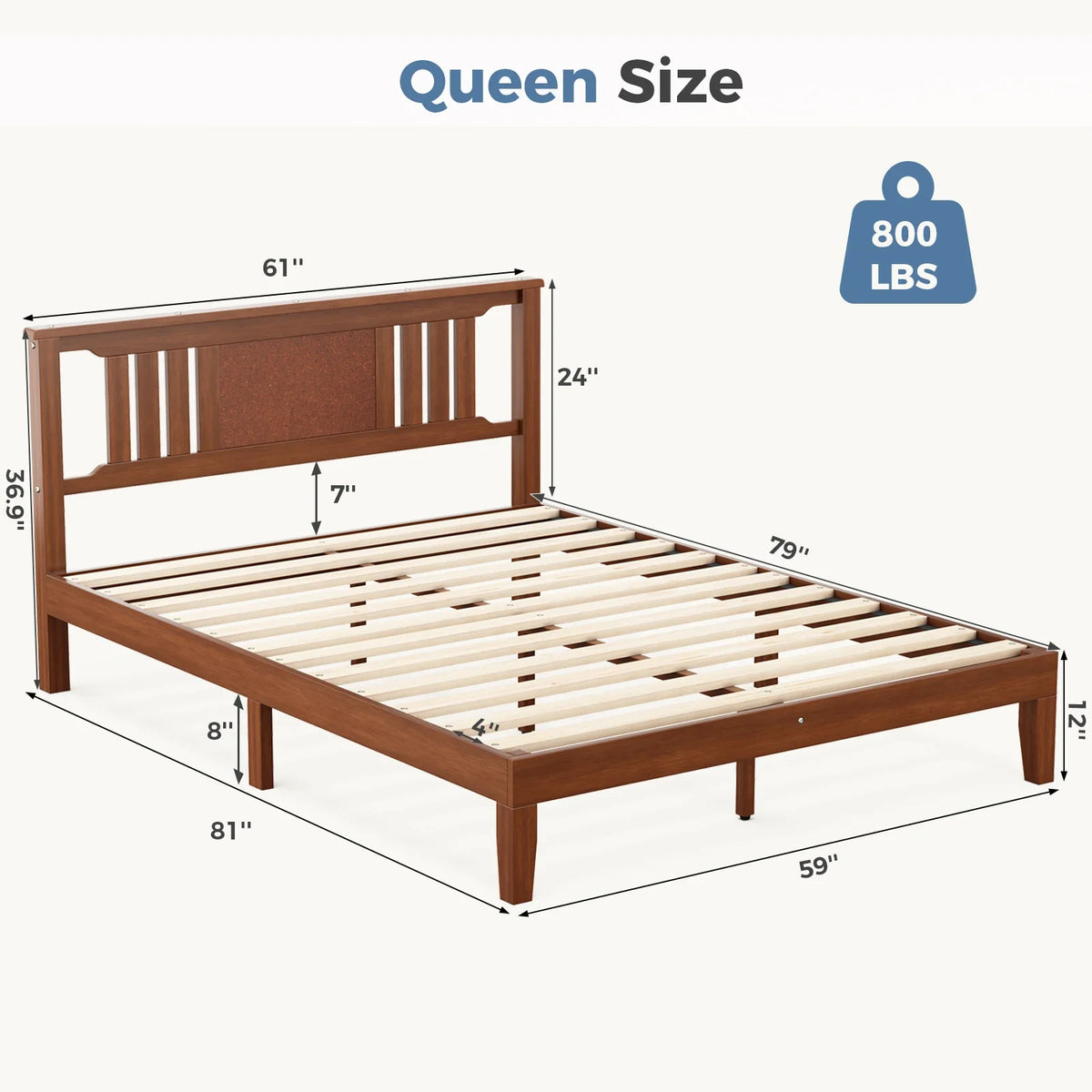 MCQ Pine Wood Platform Bed Frame with Slatted Headboard - 800lb Rated, 8" Under-Bed Clearance, No Box Spring, Twin / Full / Queen / King