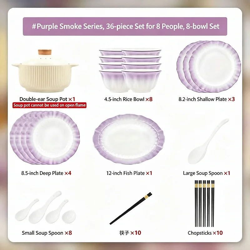 Kitchen Dishware Gift Box Set Gradient Purple Dishware Set Household French Ceramic Rice Bowls and Plates Set Household Smoky Purple Dyed Dishware