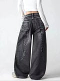 1 Pc American Retro Creative Wing Embroidered Women's High-Waisted Jeans, Fashionable And Versatile Slimming Wide-Leg Trousers