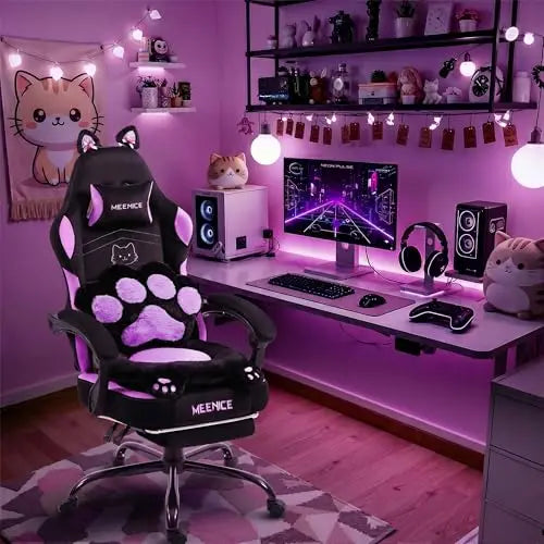 Pink Gaming Chair Cute with Cat Ears Paw Lumbar and Cushion,Ergonomic Computer Chair with Footrest,Reclining PC Game