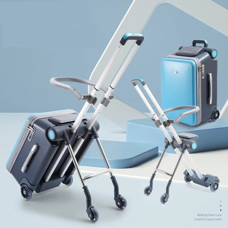 Children Travel Suitcase with Seat Design Kids Trolley Case Multifunctional Stroller Suitcase Can Sit and Ride Carry on Luggage