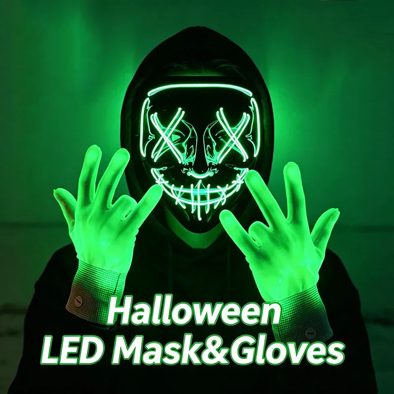 Wireless LED Neon Purge Mask & Fiber Optic Gloves, Scary Glow In Dark Mask for Halloween Carnival Cosplay Bar Birthday Party