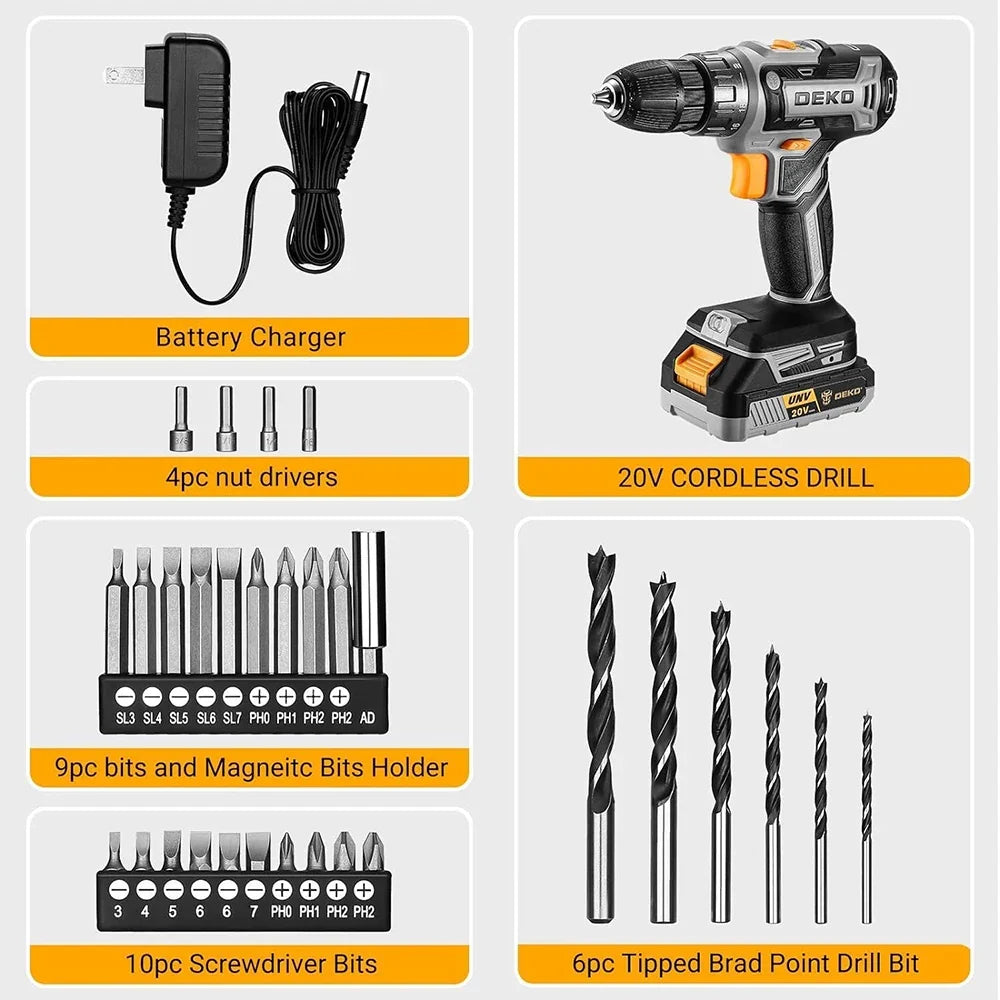 DEKO 20V Women's Cordless Drill with Battery and Charger 20V Drill Driver Kit Suitable for Woodworking Household Tools