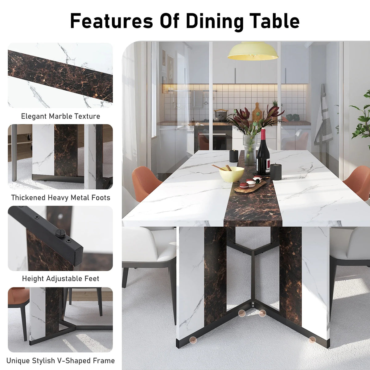 71in Rectangular Dining Table - Marble-Look Wood Top, V-Shaped Metal Legs, Seats 6 to 8