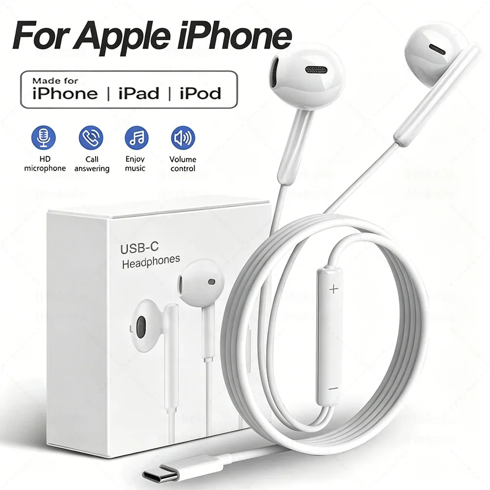 Original Wired Earphones For Apple iPhone 17 16 15 14 13 12 11 Pro Max USB-C Lightning 3.5mm Headphones X XR 8 Phone Accessories