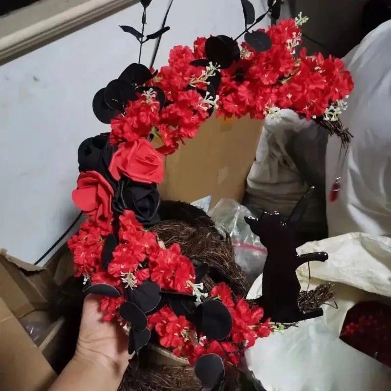 Halloween Crescent Moon Cat Garland, Black Rose Wreath Decor