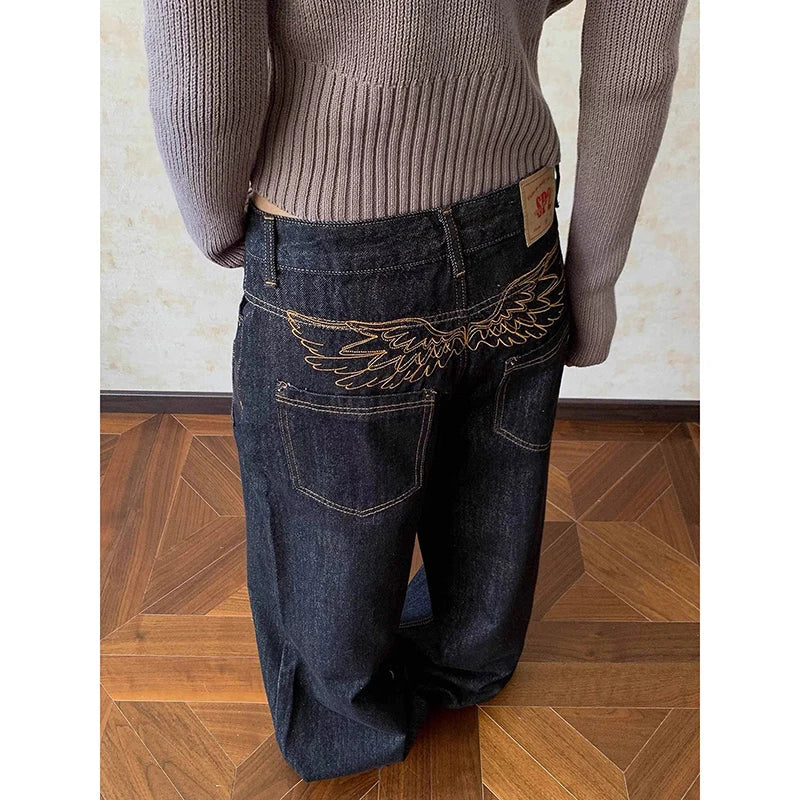 ZHIZOU Women Chic Baggy Embroidery Jeans Grunge Japanese Low Rise Y2K Denim Pants 2000s Aesthetic Harajuku Abi Grunge Cyber Punk