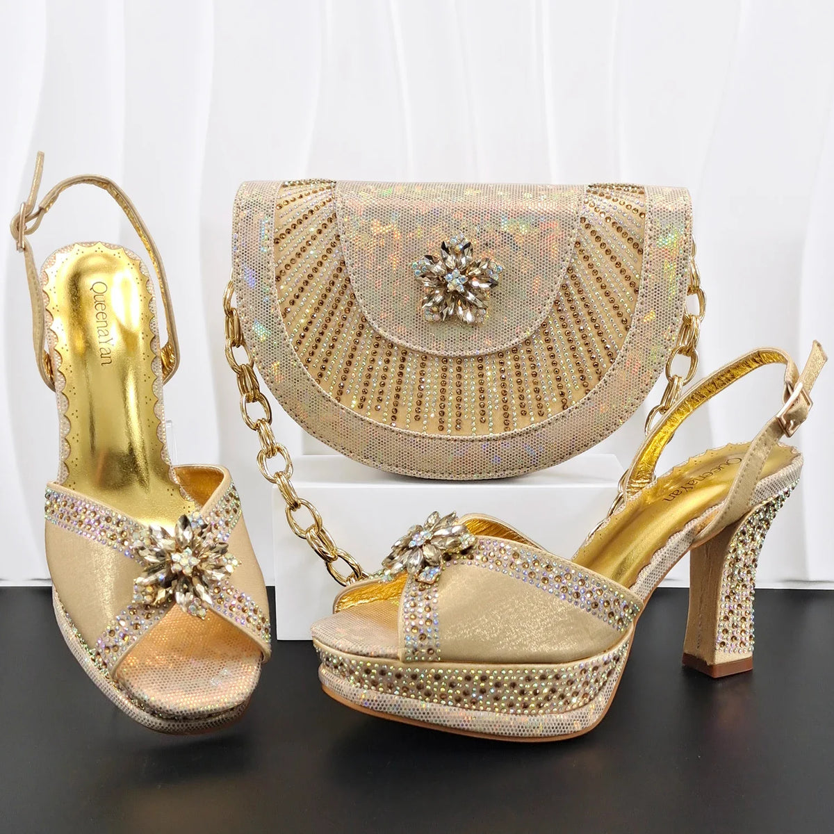 Italian Design Bigger Size Shoes and Bags Set Wedding for Women Bride Ladies High Heel HAND CRAFTED UPPER Shoes with Rhinestone