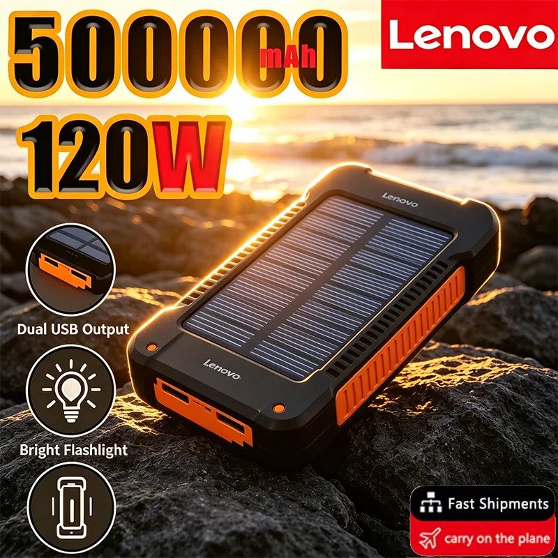 Lenovo Large‑Capacity 500000mAh Solar Power Bank Outdoor High‑Speed Charging Portable Charger for iPhone Samsung Huawei