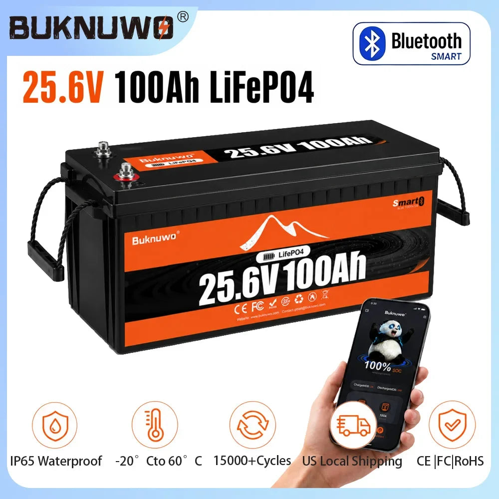 Buknuwo M8 24V 100Ah LiFePO4 Battery With Bluetooth Built-in 100A BMS Support Low Temp Protection And 15000+ Deep Cycles IP65 Waterproof 25.6V 2560Wh Lithium Battery Pack for RV/ Marine/ Camper Van/ Home Backup/ Off-Grid Sola