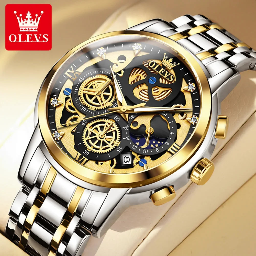 OLEVS 9947 Men’s Skeleton-Style Quartz Watch with Auto Date