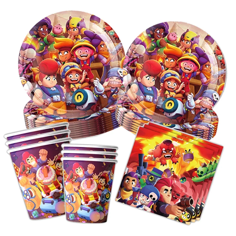 Kids Party Favors Decoration Balloons Gift Bag Brawl Stars Theme Happy Birthday Banner Tableware Paper Plates Napkins Tablecloth