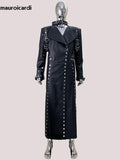 Men’s Luxury Black PU Leather Trench Coat – Rivet Punk Designer Jacket | Longline Streetwear Overcoat (Spring/Fall)