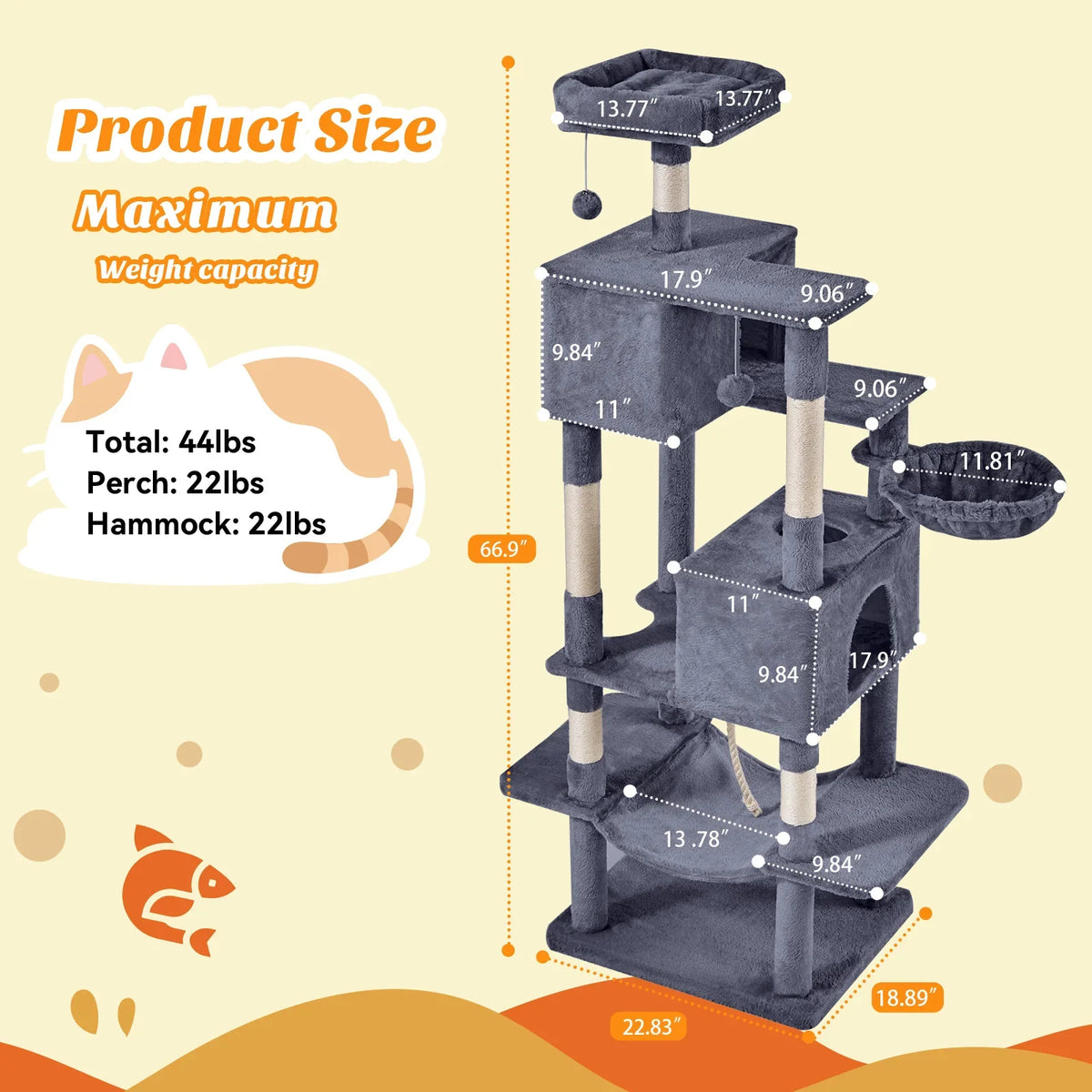 MCQ 66 Inch Cat Tree Tower Multi Level Cat Climbing Tower with Natural Sisal Scratching Posts Pet Condo for Indoor Cats Kittens
