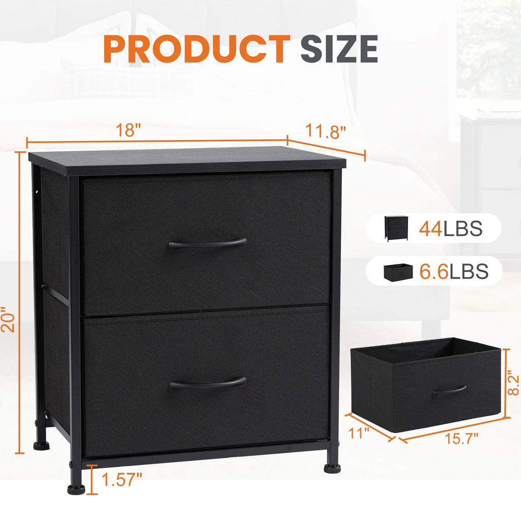 JHK 2-Drawer Fabric Nightstand - 1.5mm Steel Frame, 15mm MDF, Waterproof Top, Adjustable Feet, 20" Height, 1-Pack / 2-Pack