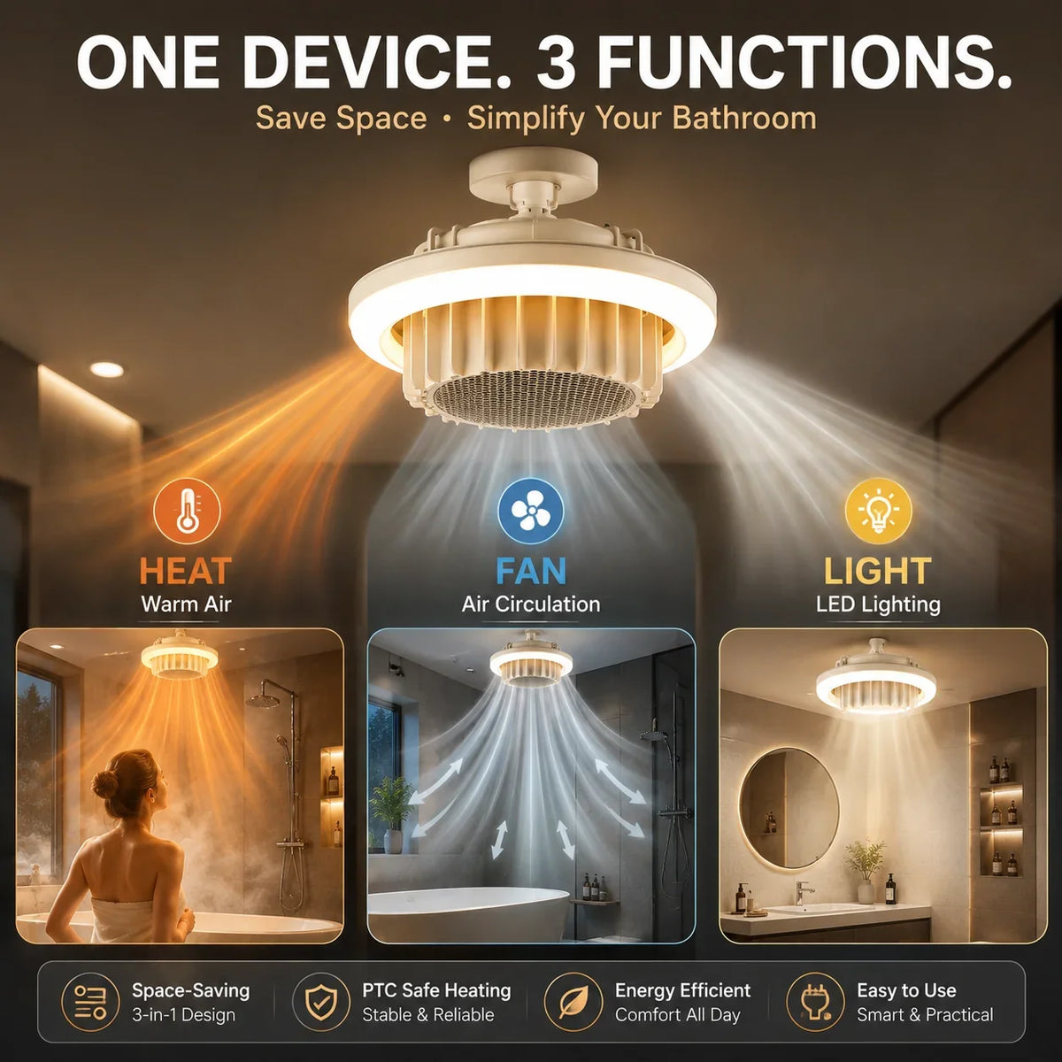 3-in-1 Bathroom Heater Fan Light 600W PTC Heating E27 Socket 3 Color LED Ceiling Lamp with Remote Control And 1H 2H 4H Timer