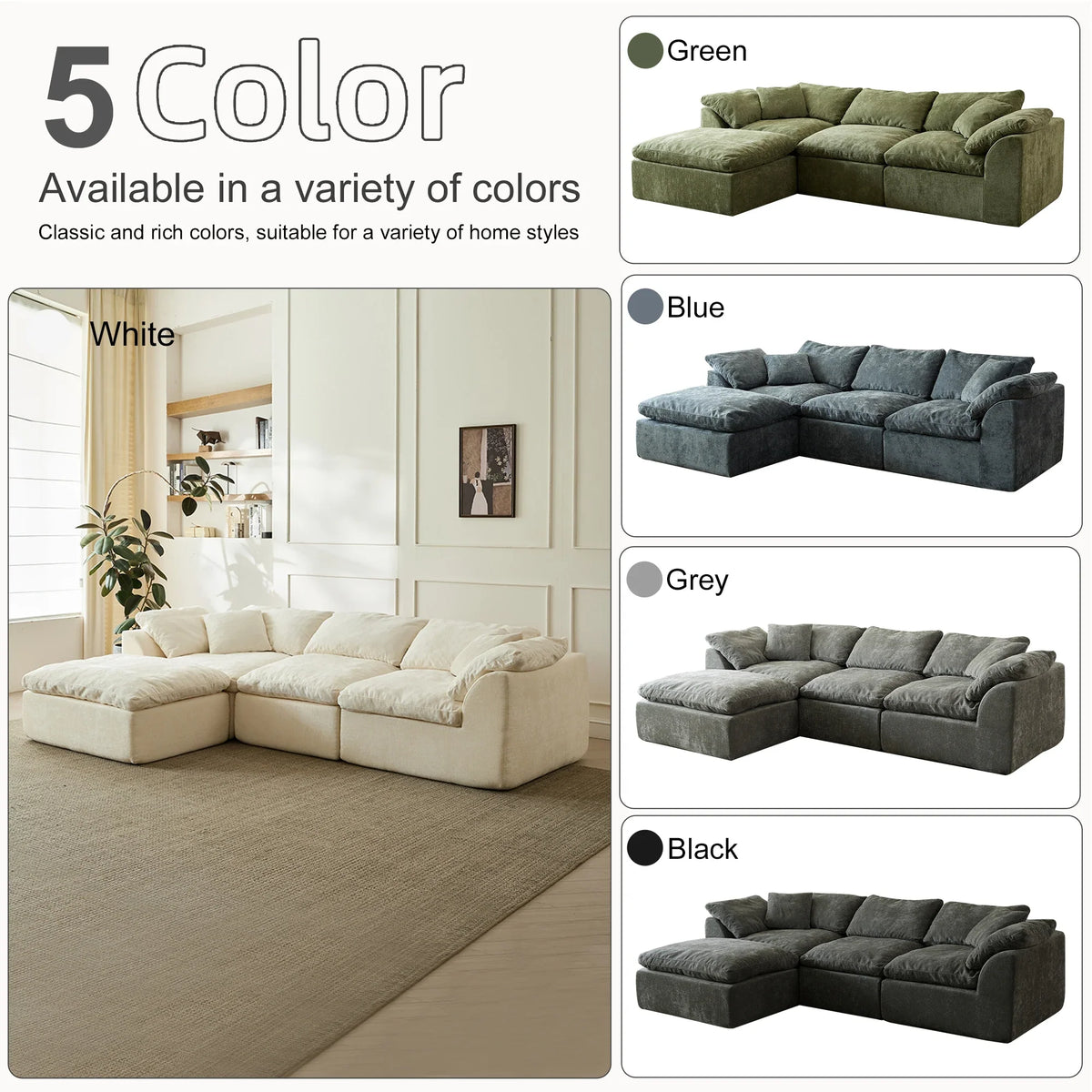 Modern Cloud L-Shaped 3-Seater Oversized Deep Seat Chenille Fabric Sofa Green Modular Sectional with Ottoman