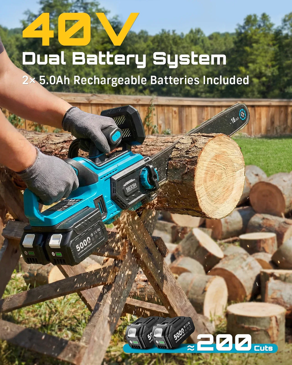 SEESII 40V 18-Inch Cordless Brushless Chainsaw with 2 Batteries