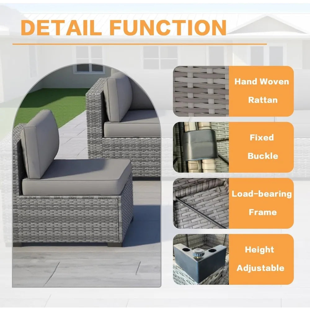 XIAOLANG 7-Piece PE Wicker Modular Patio Sectional - Steel Frame, Tempered Glass Table, Sponge & PP Cotton Cushions, Adjustable Feet, 7 Colour Options