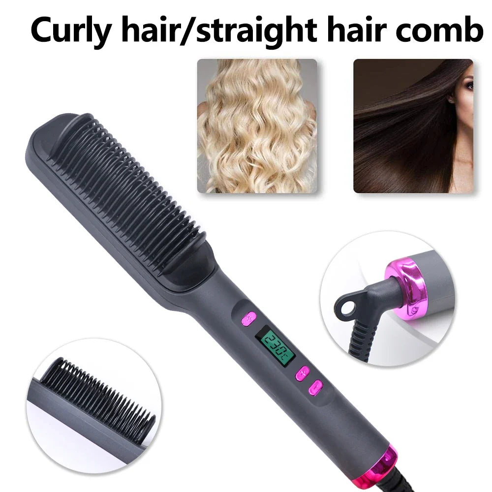 Hair Straightener Ceramic Hot Comb 2 in 1 Electric Straighten Hair Brush Negative Ion Fast Heating Styling Tool ﻿