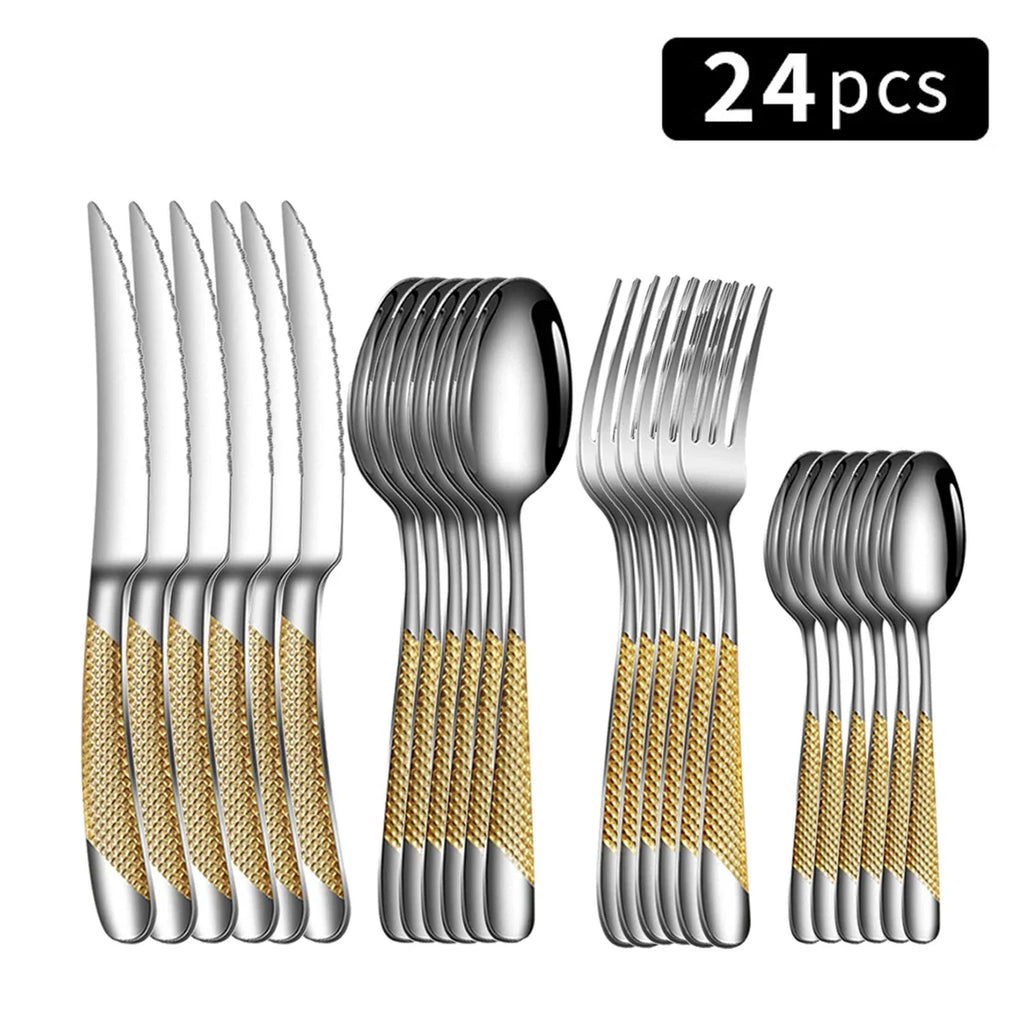 24pc Stainless Steel Tableware Star Steak Knife and Fork Dessert Fork Spoon Family Suits