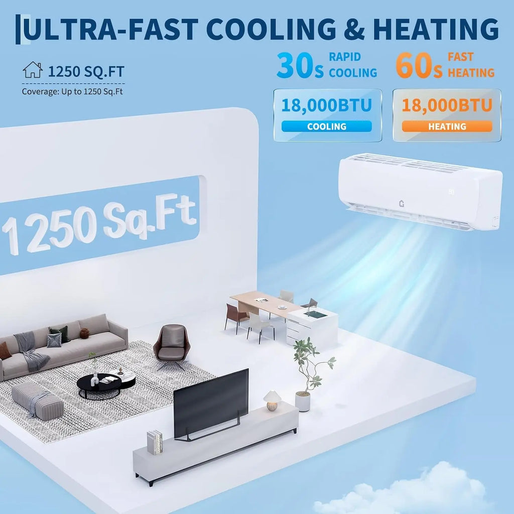 18000 BTU Mini Split Air Conditioner & Heater, 19 SEER2 230V Energy Saving Ductless AC Unit Cools Rooms up to 1250 Sq., Custom