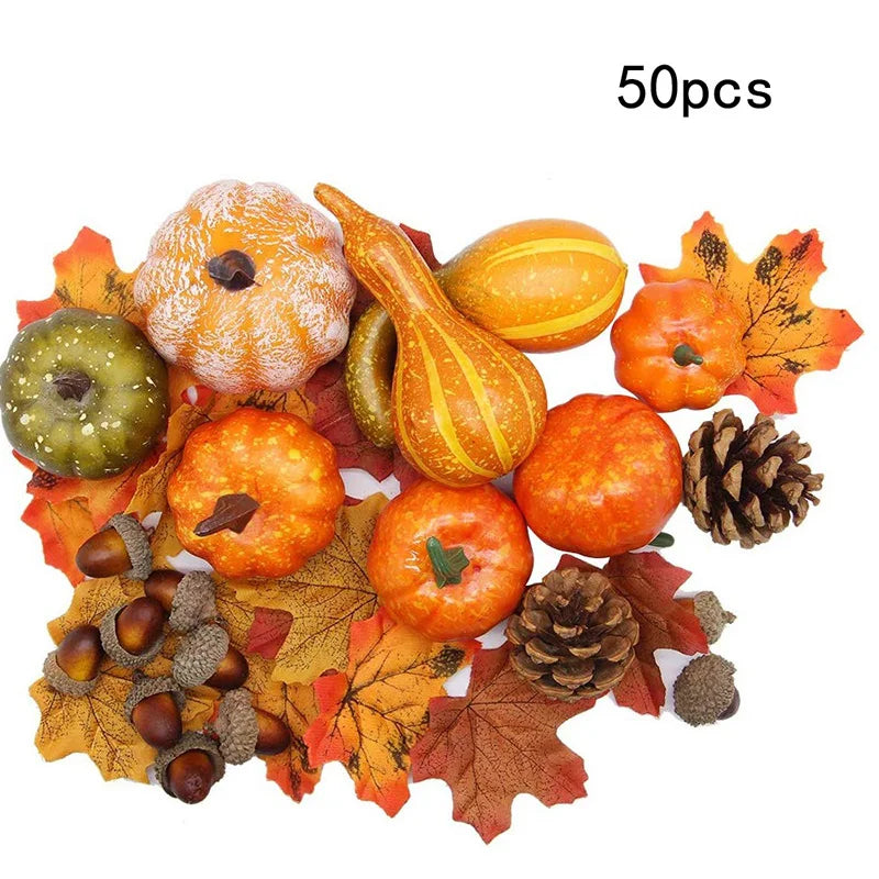 50-Piece Fall Harvest Decoration Set, Pumpkins, Leaves and Pine Cones