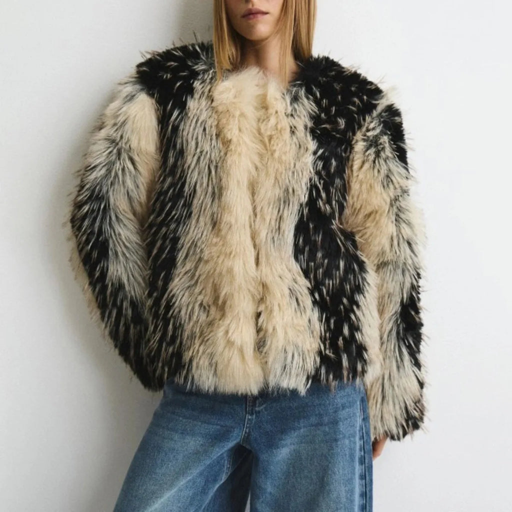 Women Black & Beige Two-Tone Fur Fluffy Cropped Jacket, Open Front Collarless Side Pockets, Winter Warm Casual Street Outerwear